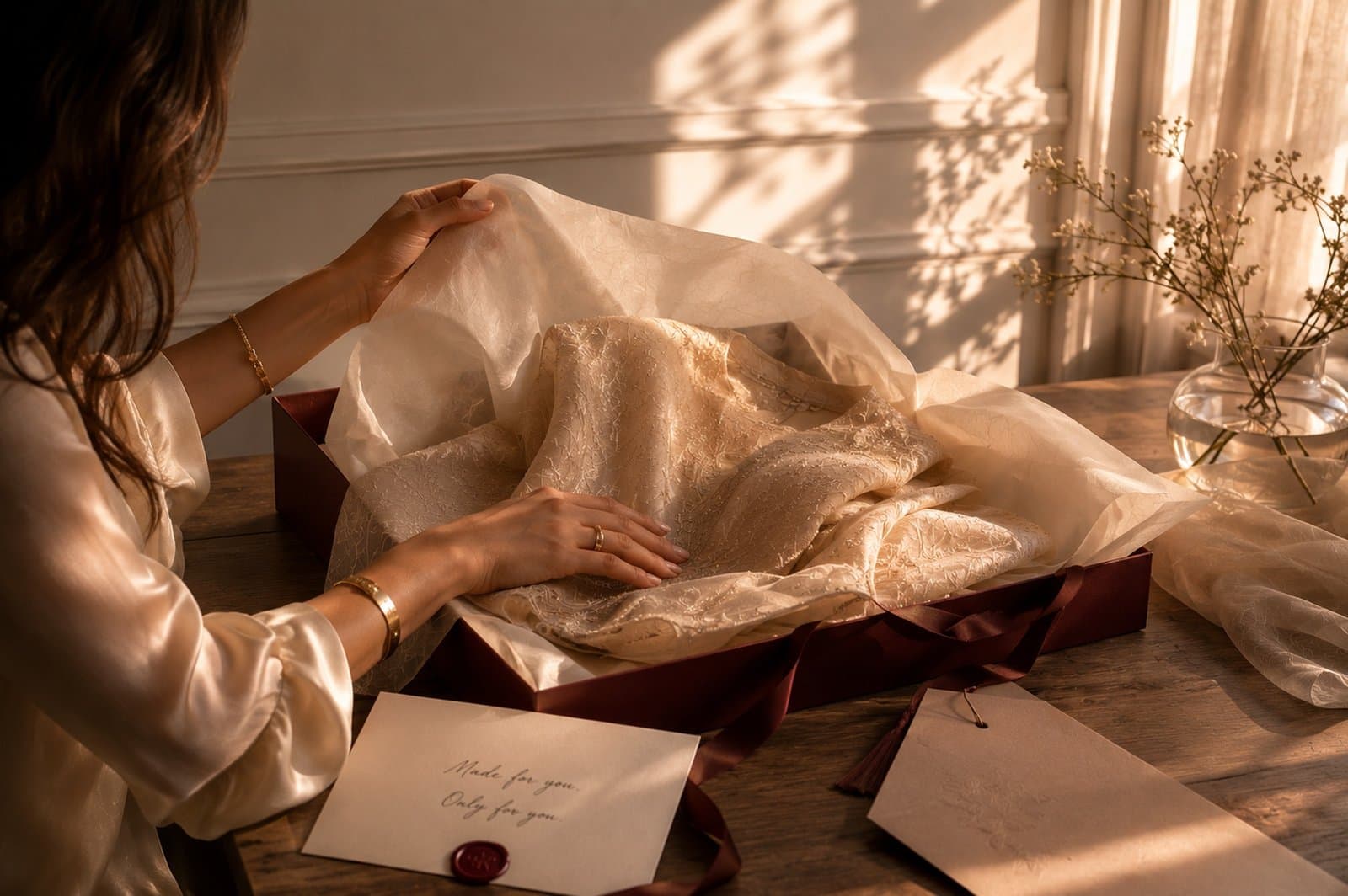 Unwrapping a finished creation from its box, a note reading 'Made for you. Only for you.'