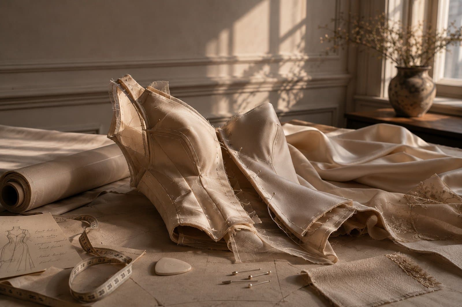 Draped and pinned fabric pieces on a table, mid-construction