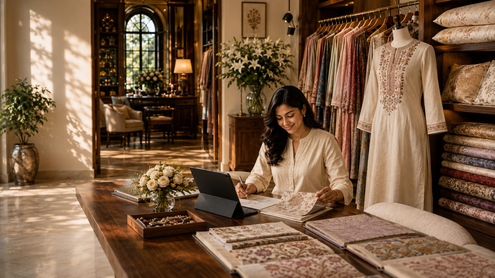 House of Aayushree boutique — a designer reviewing sketches and fabric swatches at a wooden table, surrounded by draped garments and folded textiles in a sunlit atelier