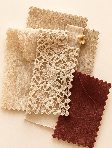 Three folded fabric swatches — beige, cream lace, wine velvet — pinned together